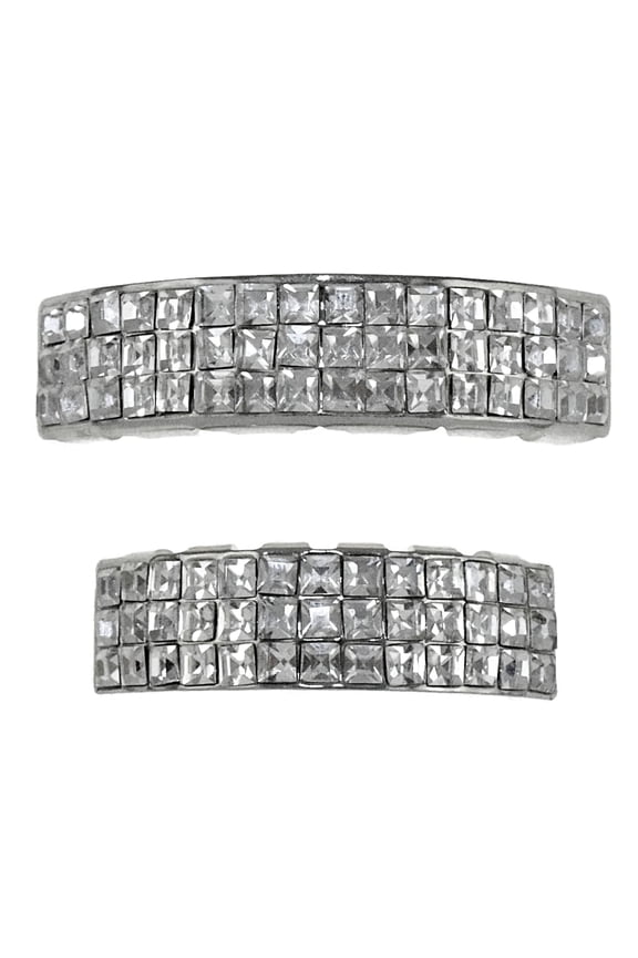 VIP Grillz Set Bling Top And Bottom Teeth Silver Tone Three Row Hip Hop Grills