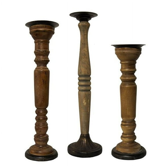 VIP Wood 21 in. Brown Varying Turned Candle Holder Set of 3