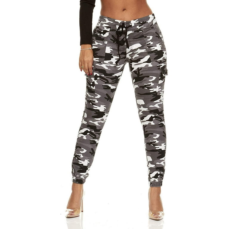 VIP Jeans Juniors Plus Cargo Pocket Denim Jogger in colorful camo prints Drawstring pull on