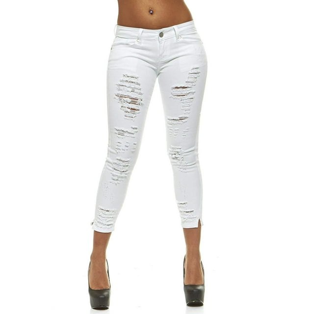VIP Jeans Teen Girlss Juniors Plus Ripped Distressed Raw Hem Skinny Denim Pants Sexy White Size 5
