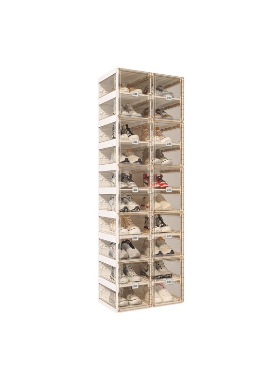 10 Tiers 20 Pairs Portable Shoe Organizer with Clear Magnetic Doors for Entryway, Closet, See Through Brown Sneaker Box