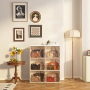 VIPBOX 6 Cubbies Foldable Handbag Organizer with Clear Magnetic Doors, Plastic Boots Cabinet for Closet/Brown