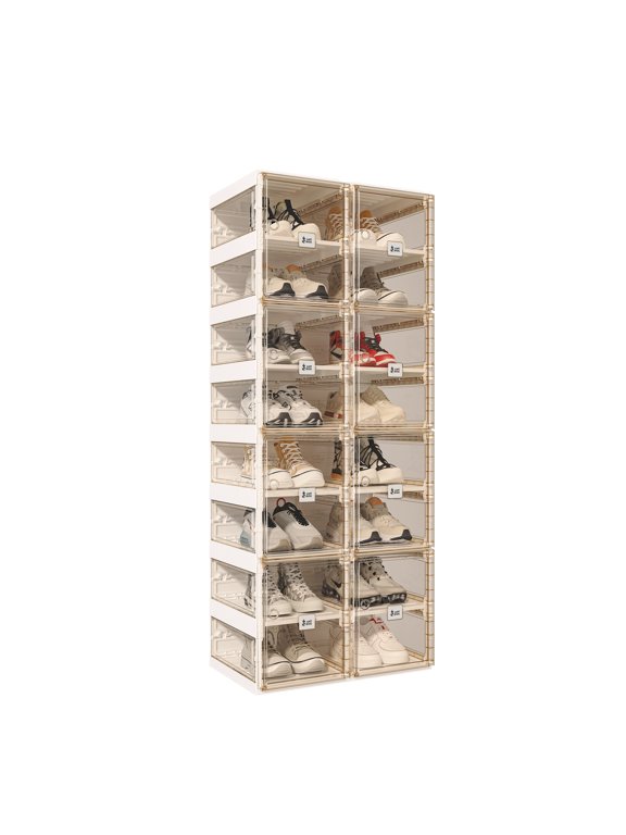 8 Tiers 16 Pairs Portable Shoe Organizer with Clear Magnetic Doors for Entryway, Closet, See Through Brown Sneaker Box
