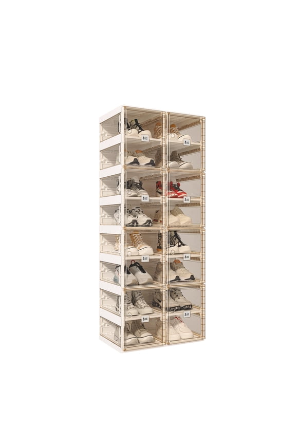 8 Tiers 16 Pairs Portable Shoe Organizer with Clear Magnetic Doors for Entryway, Closet, See Through Brown Sneaker Box