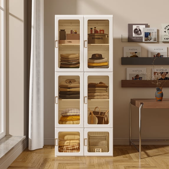 VIPBOX Foldable Plastic Armoire Wardrobe Closet with Clear Magnetic Doors 10 Cubes/Brown