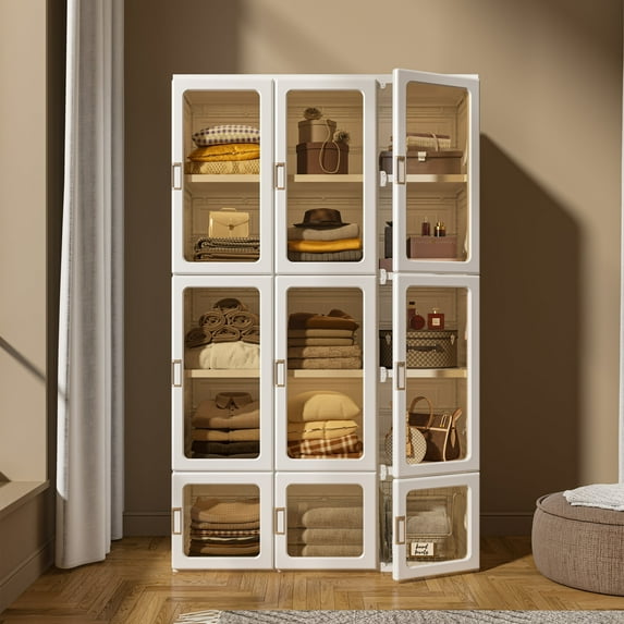 VIPBOX Foldable Plastic Armoire Wardrobe Closet with Clear Magnetic Doors 15 Cubes/Brown