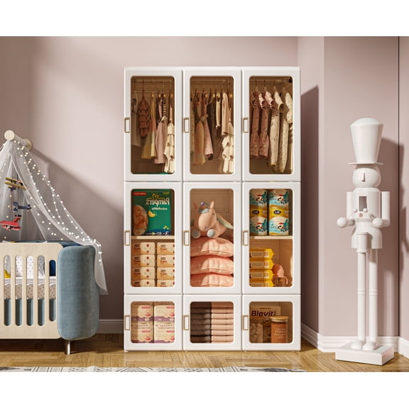 VIPBOX Foldable Plastic Armoire Wardrobe Closet with Clear Magnetic Doors 5 Cubes 3 Hanging Rod/Brown
