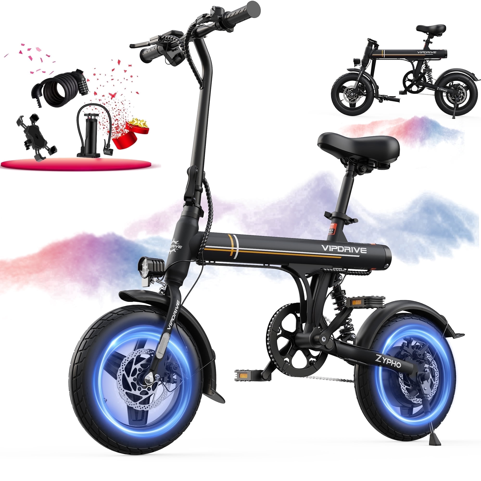 VIPDRIVE Electric Bike, 14" Folding EBike for Adults, 500W Peak Motor, 36V 7.8Ah Battery, 20MPH City Commuter E-Bike, Mini Ebike, LCD Display, UL2849