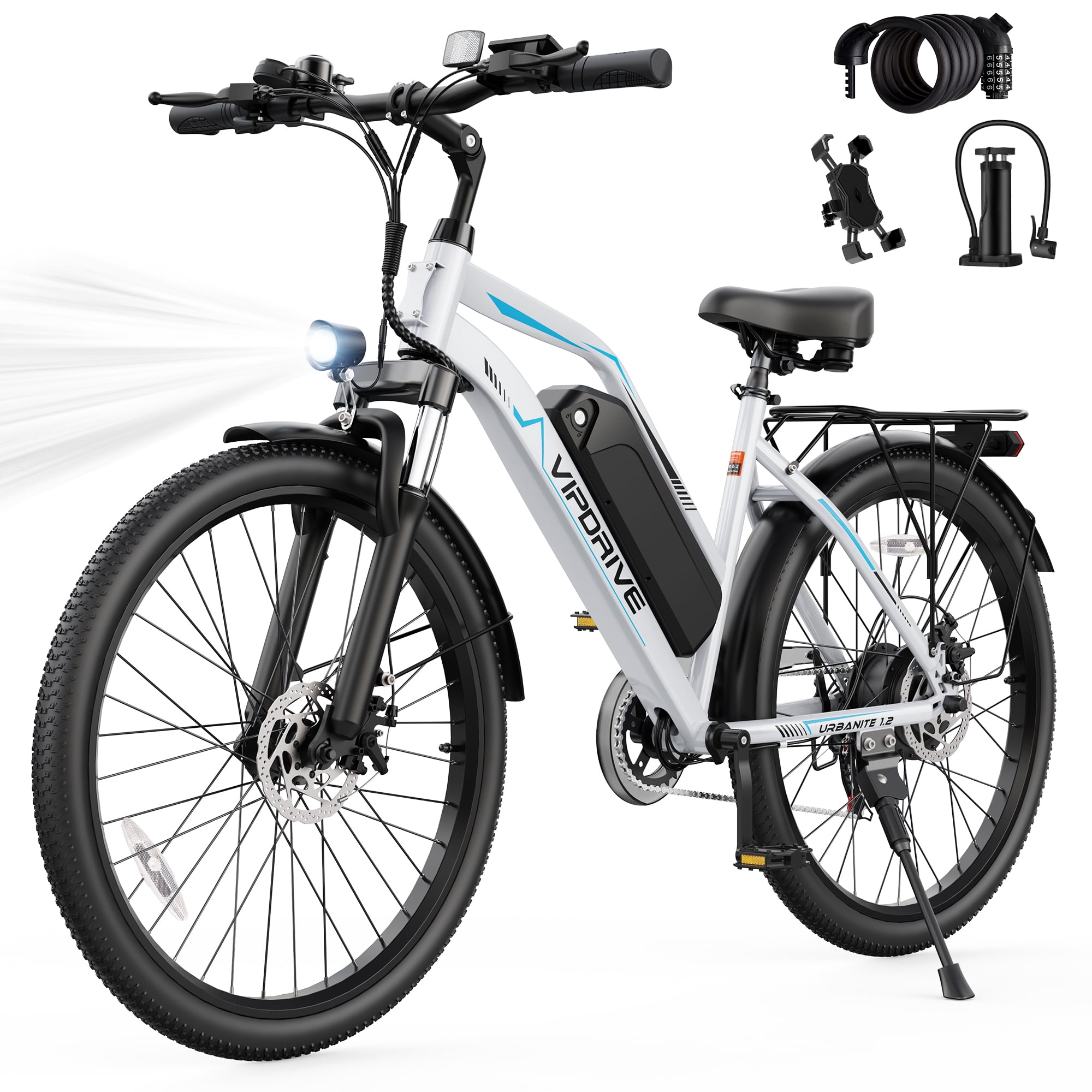 VIPDRIVE 26" Electric Bicycle for Adults & Women, Peak 750W Motor E-Bikes, 48V 7.8Ah Battery, 7-Speed, City Cruiser E-Bike, LCD Display, 50 Mi Range（UL2849）