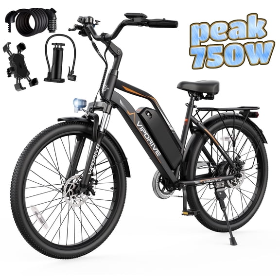 VIPDRIVE 26" Electric Bicycle for Adults, Women's Cruiser eBike with 750W Motor, 48V Battery, 7-Speed, LCD Display, 50 Mi Range, UL2849 Certified (Available in White & Black)