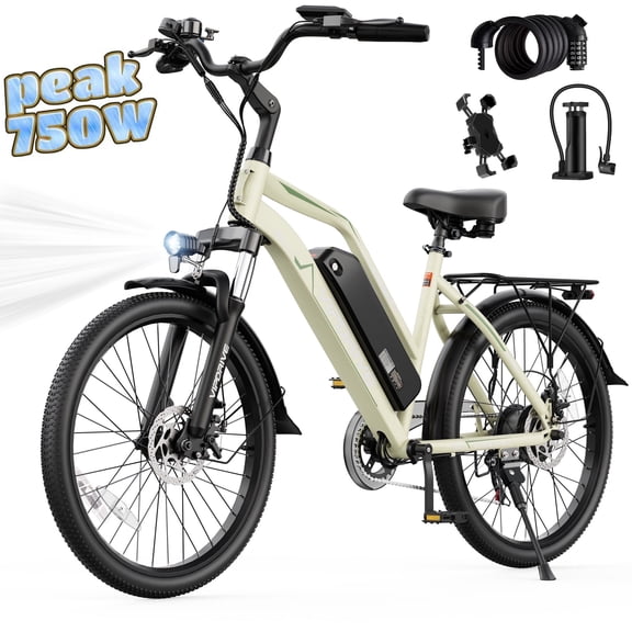 VIPDRIVE 26" Electric Bicycle for Adults & Women, Peak 750W Motor E-Bikes, 48V 7.8Ah Battery, 7-Speed, City Cruiser E-Bike, LCD Display, 50 Mi Range(UL2849)