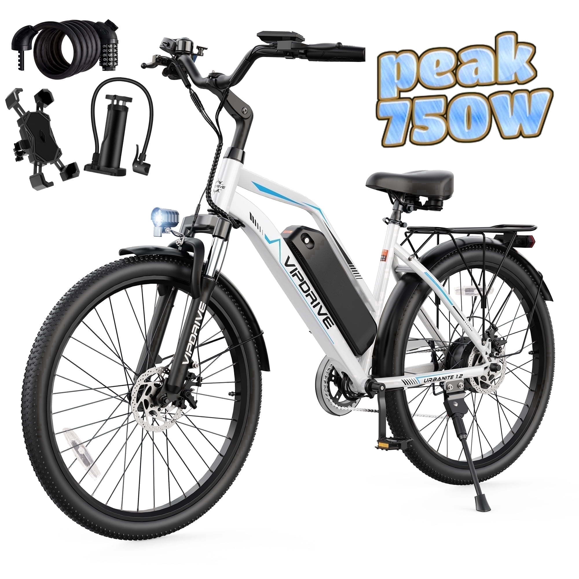 VIPDRIVE 26" Electric Bicycle for Adults & Women, Peak 750W Motor E-Bikes,  48V 7.8Ah Battery, 7-Speed, City Cruiser E-Bike, LCD Display, 50 Mi  RangeUL2849 - Walmart.com
