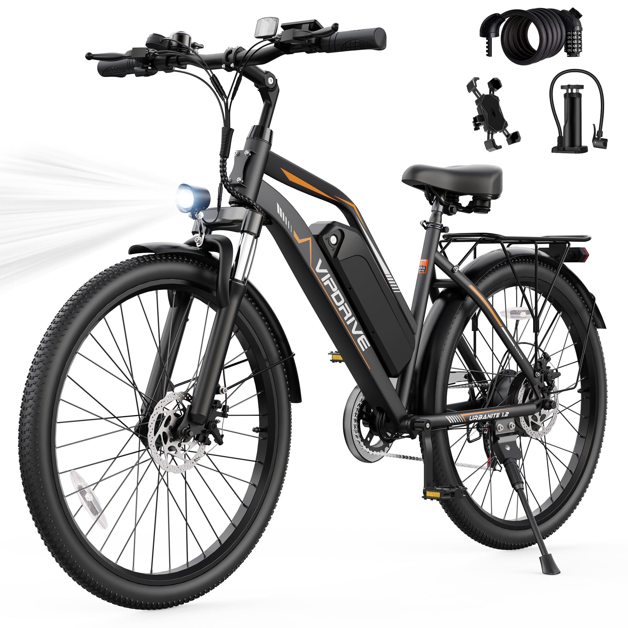 VIPDRIVE Electric Bike - 24'' Adult E Bike, Peak 750W 20MPH City Cruiser E-Bike with 48V7.8AH Removable Battery with Fork Suspension and Dual Disc Brakes（UL2849)