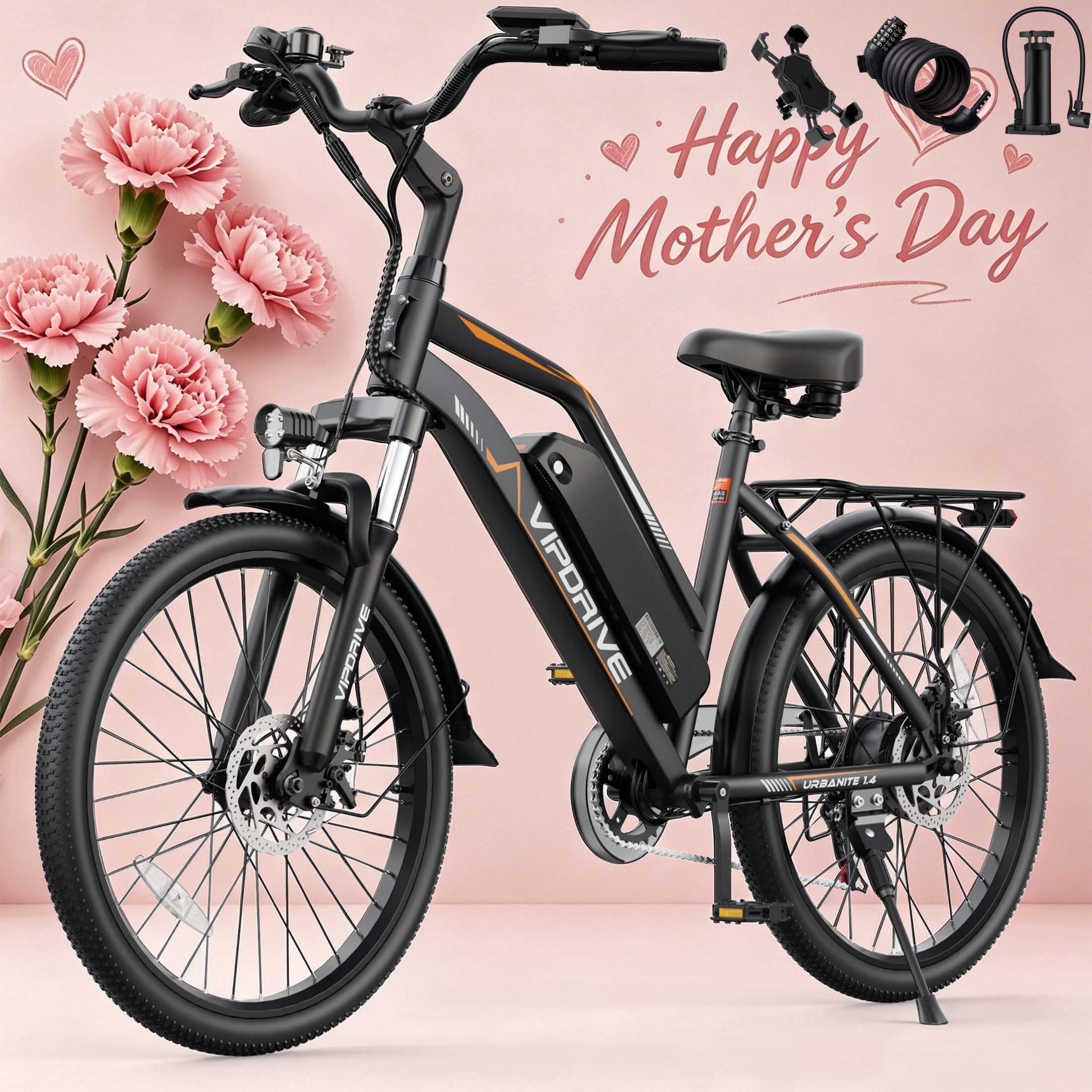 VIPDRIVE Electric Bike - 24'' Adult E Bike, Peak 750W 20MPH City Cruiser E-Bike with 48V7.8AH Removable Battery with Fork Suspension and Dual Disc Brakes（UL2849)