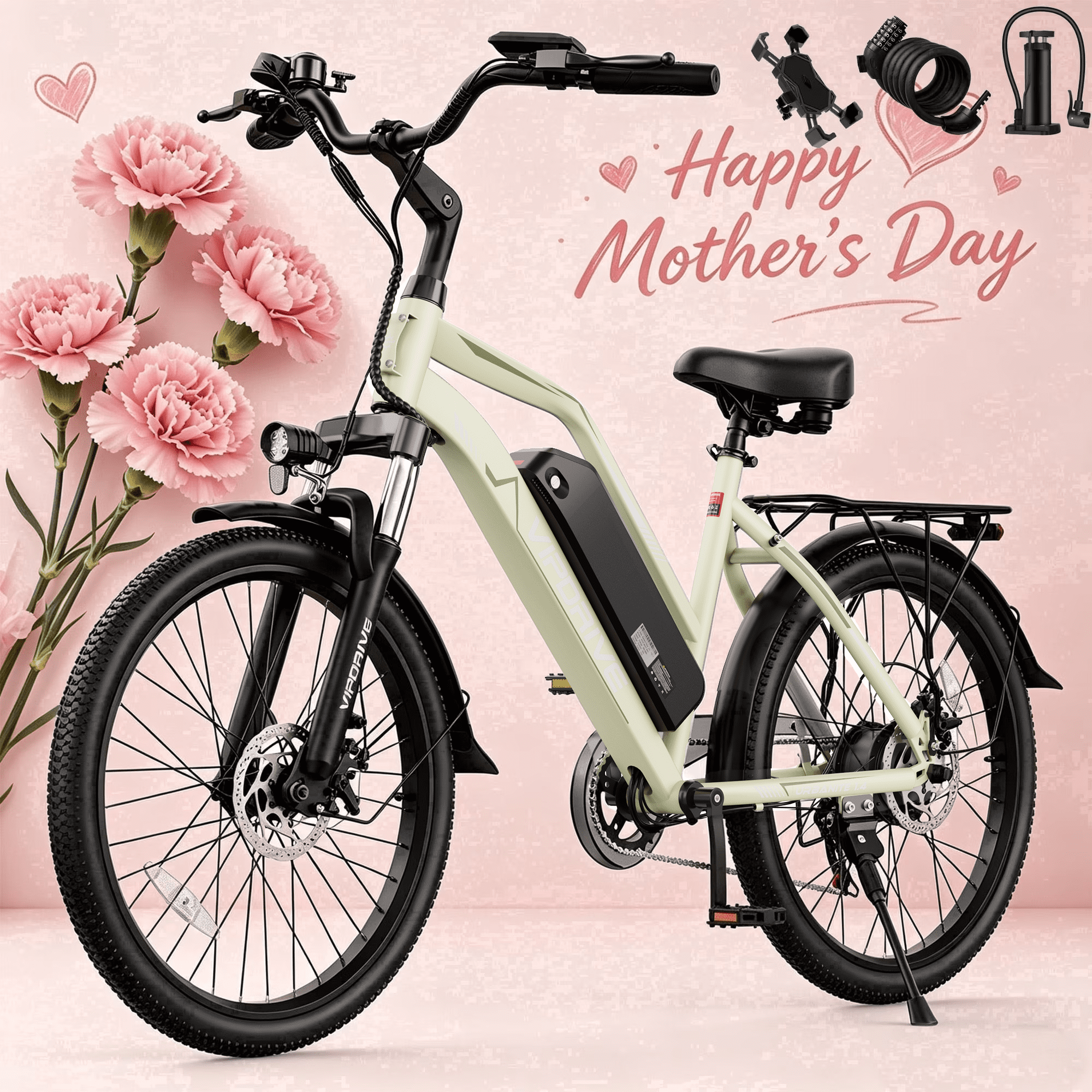 VIPDRIVE Electric Bike - 24'' Adult E Bike, Peak 750W 20MPH City Cruiser E-Bike with 48V7.8AH Removable Battery with Fork Suspension and Dual Disc Brakes（UL2849)