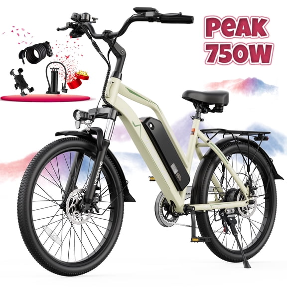 VIPDRIVE Electric Bike - 24'' Adult E Bike, Peak 750W 20MPH City Cruiser E-Bike with 48V7.8AH Removable Battery with Fork Suspension and Dual Disc Brakes(UL2849)