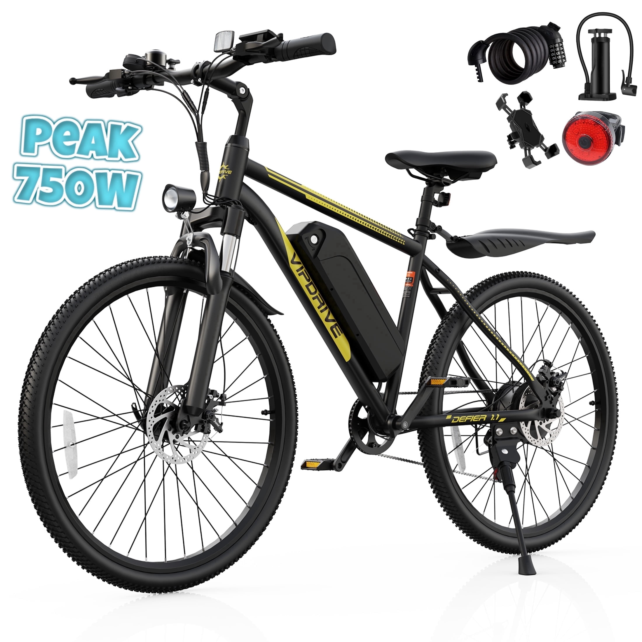 VIPDRIVE Electric Bike for Adults 26", 750W Peak Ebike, 48V 7.8AH Removable Battery，Up to 40 Miles 20MPH Electric Mountain Bike，Front Fork Suspension，7-Speed Shimano Gears，UL2849