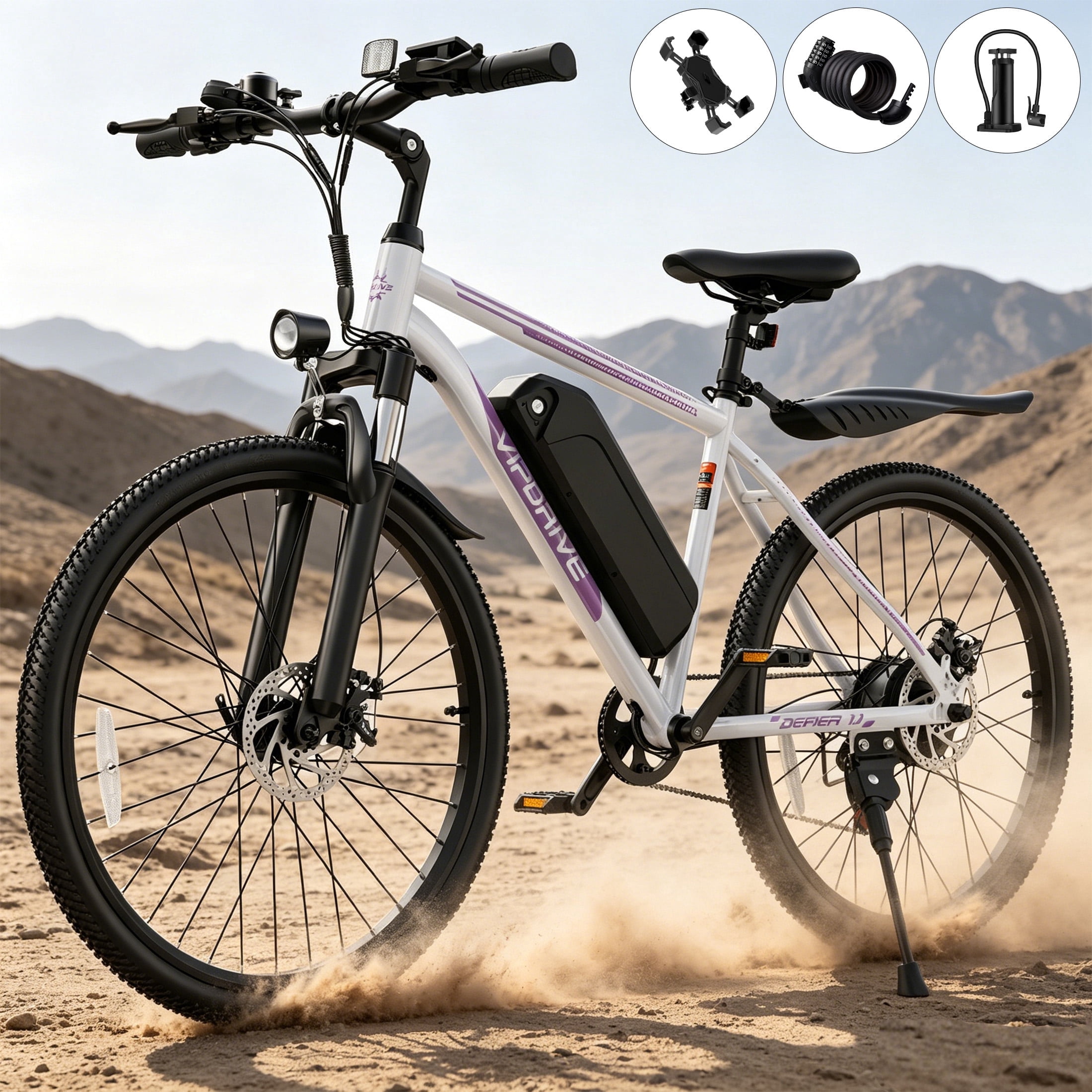 VIPDRIVE Electric Bike for Adults 26", 750W Peak Ebike, 48V 7.8AH Removable Battery，Up to 40 Miles 20MPH Electric Mountain Bike，Front Fork Suspension，7-Speed Shimano Gears，UL2849
