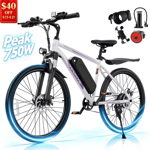 VIPDRIVE Electric Bike, 26" Peak 750W Ebike for Adults with 48V 7.8AH Removable Battery, Up to 40 Miles 20MPH Electric Mountain Bike, Front Fork Suspension, 7-Speed Gears, UL2849