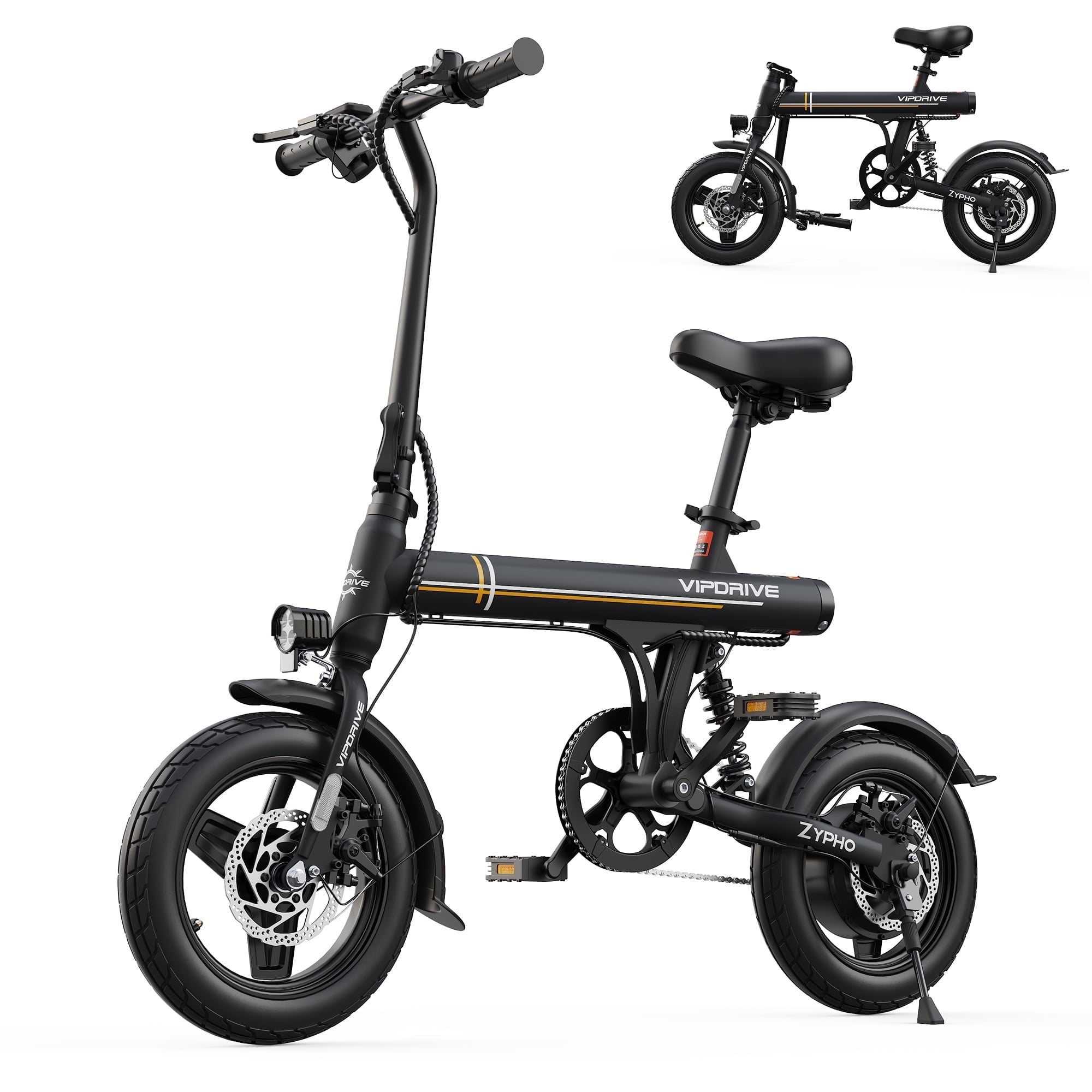 VIPDRIVE Electric Bike - Folding E Bike for Adults, 500W Peak Motor Up to 25 Miles Range, Speed 20MPH - 14" Commuter Ebike for Woman with 36V 7.8Ah Battery + Dual Disc Brakes & Rear Shock, UL2849