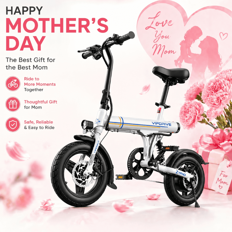 VIPDRIVE Electric Bike - Folding E Bike for Adults, 500W Peak Motor Up to 25 Miles Range, Speed 20MPH - 14" Commuter Ebike for Woman with 36V 7.8Ah Battery + Dual Disc Brakes & Rear Shock, UL2849