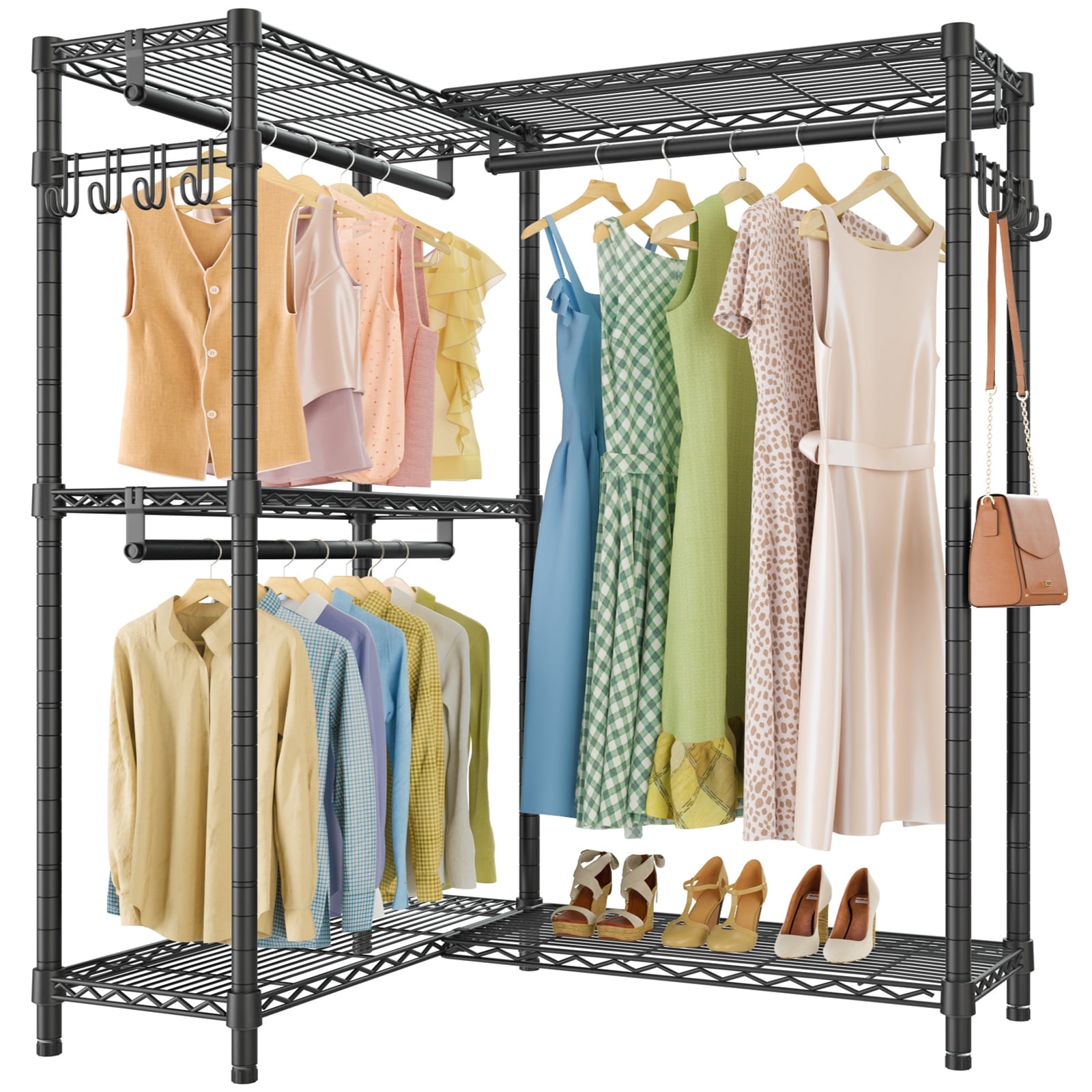 Black Iron L-Shaped Free-Standing Closet with Adjustable Shelves