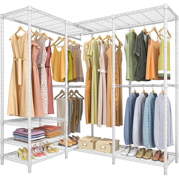VIPEK L40 Plus Garment Rack L Shaped Clothes Rack for Corner, Freestanding Wardrobe Closet Heavy Duty Clothing Rack, 60.6"L x 45"W x 76.4"H, White