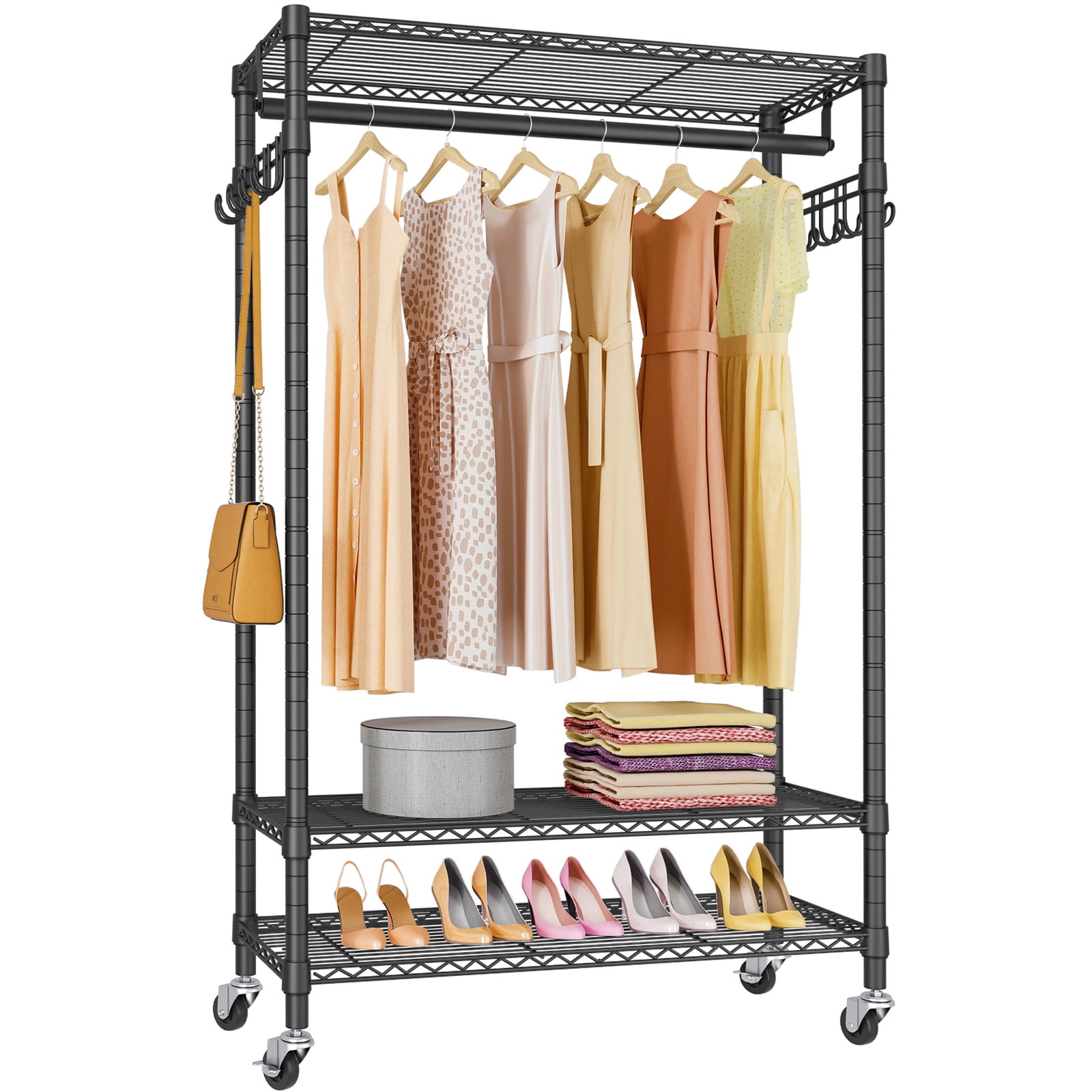 Black Heavy Duty Rolling Metal Garment Rack with Shelves