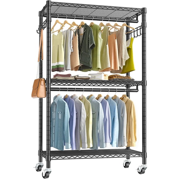 VIPEK V12 Heavy Duty Rolling Garment Rack 3 Tiers Adjustable Wire Shelving Clothes Rack with Double Rods and Lockable Wheels, Side Hooks, Freestanding Wardrobe Storage Rack Metal Clothing Rack, Black