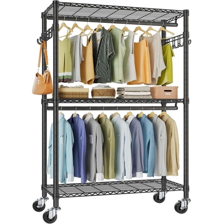 VIPEK R2 Plus Heavy Duty Rolling Garment Rack, 3-Tier Mobile Clothes Rack with Double Hanging Rods & Side Hooks, Adjustable Freestanding Wardrobe Storage, Black