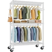 VIPEK R2 Plus Heavy Duty Rolling Garment Rack, 3-Tier Mobile Clothes Rack with Double Hanging Rods & Side Hooks, Adjustable Freestanding Wardrobe Storage, White