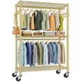 thumbnail image 1 of VIPEK R2 Plus Heavy Duty Rolling Garment Rack, 3-Tier Mobile Clothes Rack with Double Hanging Rods & Side Hooks, Adjustable Freestanding Wardrobe Storage, Gold, 1 of 9