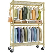 VIPEK R2 Plus Heavy Duty Rolling Garment Rack, 3-Tier Mobile Clothes Rack with Double Hanging Rods & Side Hooks, Adjustable Freestanding Wardrobe Storage, Gold