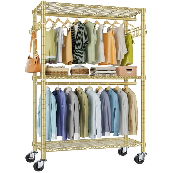 VIPEK R2 Plus Heavy Duty Rolling Garment Rack, 3-Tier Mobile Clothes Rack with Double Hanging Rods & Side Hooks, Adjustable Freestanding Wardrobe Storage, Gold
