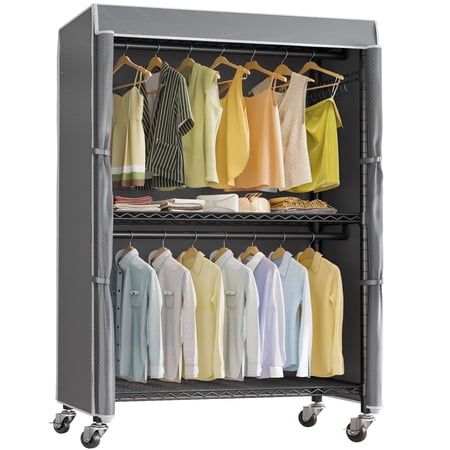 VIPEK R2C Plus Heavy Duty Rolling Garment Rack with Cover Clothing Rack Portable Closets with Adjustable 3 Wire Shelving, Double Rods, Freestanding Wardrobe, Black Rack with Grey Cover