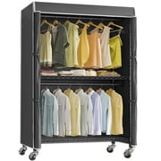 VIPEK R2C Plus Heavy Duty Rolling Garment Rack with Cover Clothing Rack Portable Closets with Adjustable 3 Wire Shelving & Double Rods, Wardrobe on Wheels, Black Rack with Black Cover