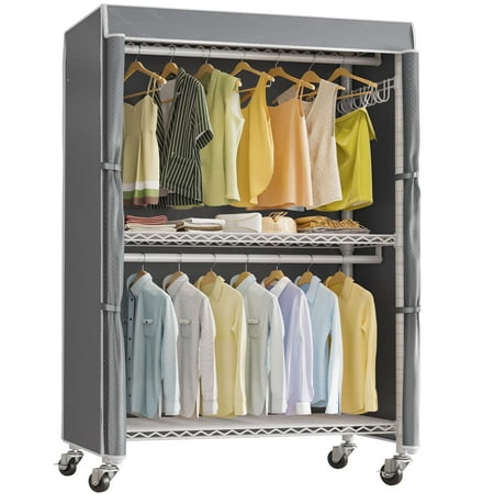 VIPEK R2C Plus Heavy Duty Rolling Garment Rack with Cover Clothing Rack Portable Closets with Adjustable 3 Wire Shelving and Double Rods, Wardrobe on Wheels, White Rack with Grey Cover