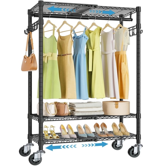 VIPEK R3X Expandable Clothes Rack w/Lockable Wheels, 600lb Capacity Heavy Duty Rolling Garment Rack, Adjustable Width (2'3'5"), Space-Saving Closet for Small Spaces, Black