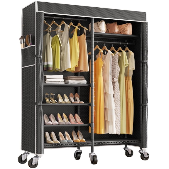 VIPEK R4C Portable Closet Rolling Clothes Rack Heavy Duty Adjustable Wardrobe Metal Garment Rack with Lockable Wheels Black Clothing Rack with Black Upgraded Polyester Cover, Max Load 620lbs