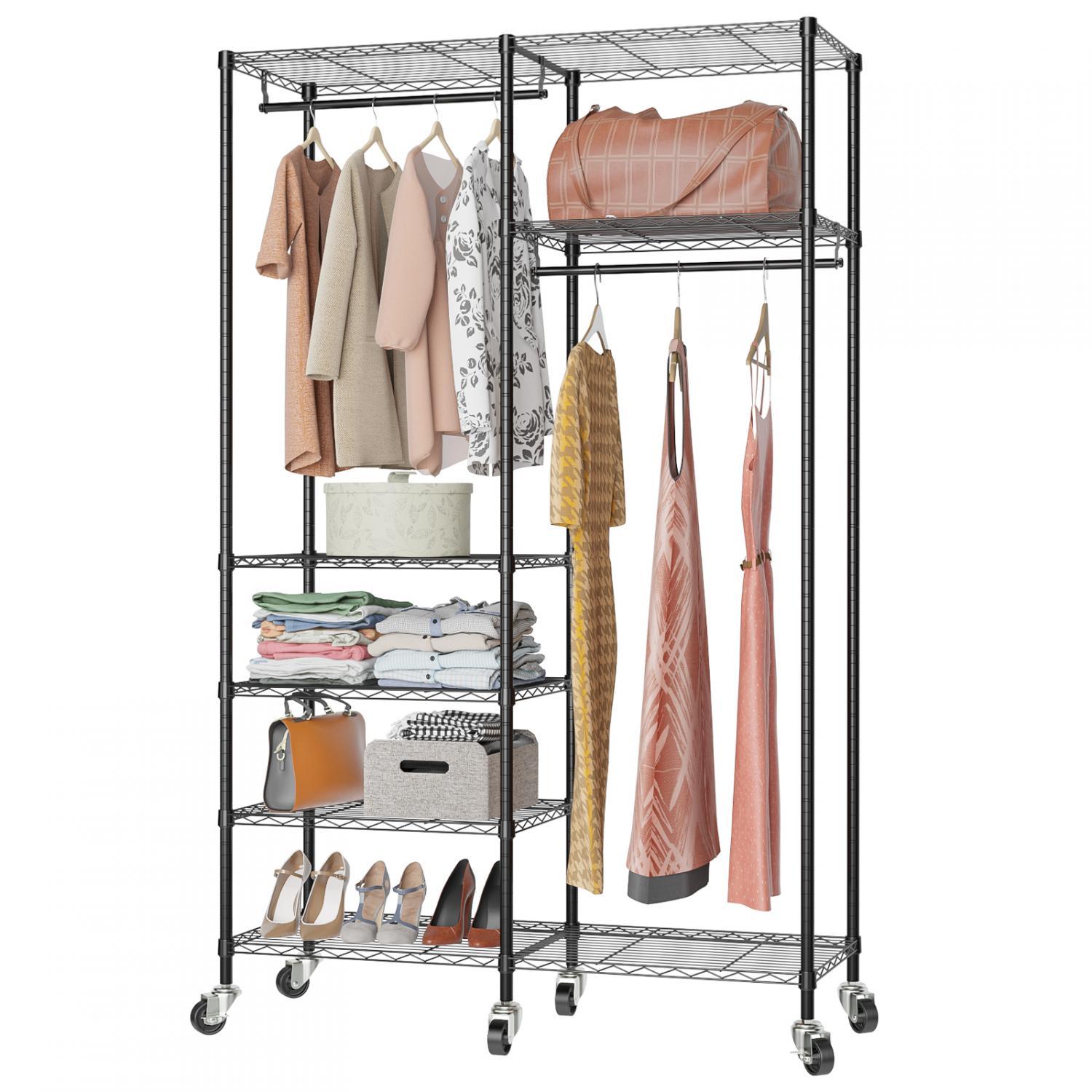 VIPEK Rolling Garment Rack 6 Tiers with Double Rods and Lockable Wheels, Metal, Black