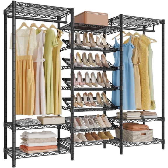 VIPEK S30 Clothes Rack with 25° Adjustable Shoe Shelves, Freestanding Clothing Rack with 7-Tier Shoe Rack, 2 Hanging Rod, 6 Wire Shelf, Heavy Duty Garment Rack for Bedroom & Walk-in Closet, Black