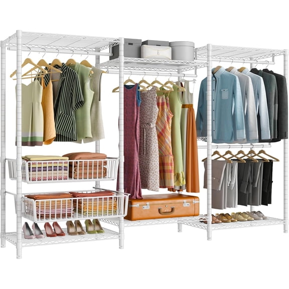 VIPEK V10 Wire Corner Garment Rack, Heavy Duty Clothes Rolling Rack, Metal, Chrome, 68.9" L x 15.7" W x 76.4" H, Max Load 790 LBS, White