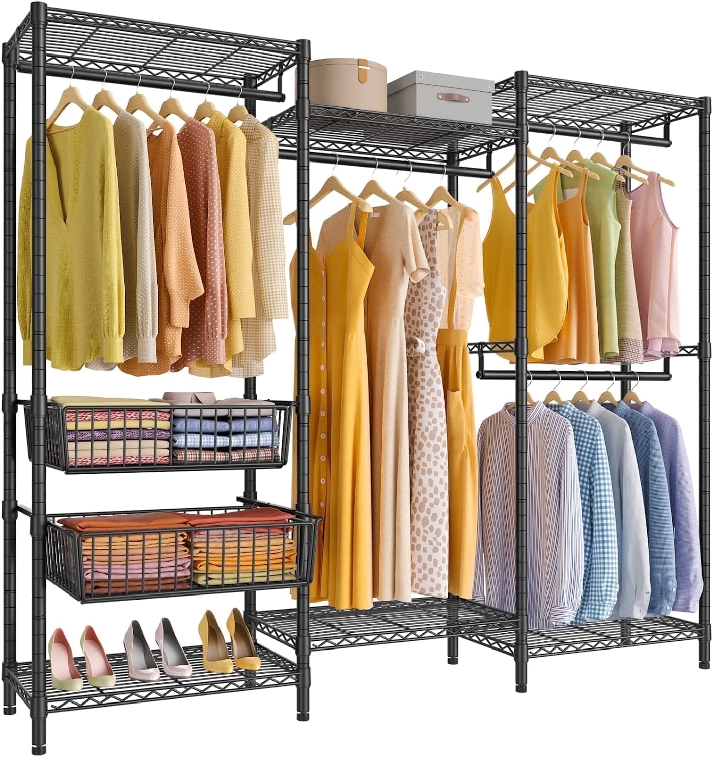 Black Heavy Duty Freestanding Metal Garment Rack with Wire Shelves