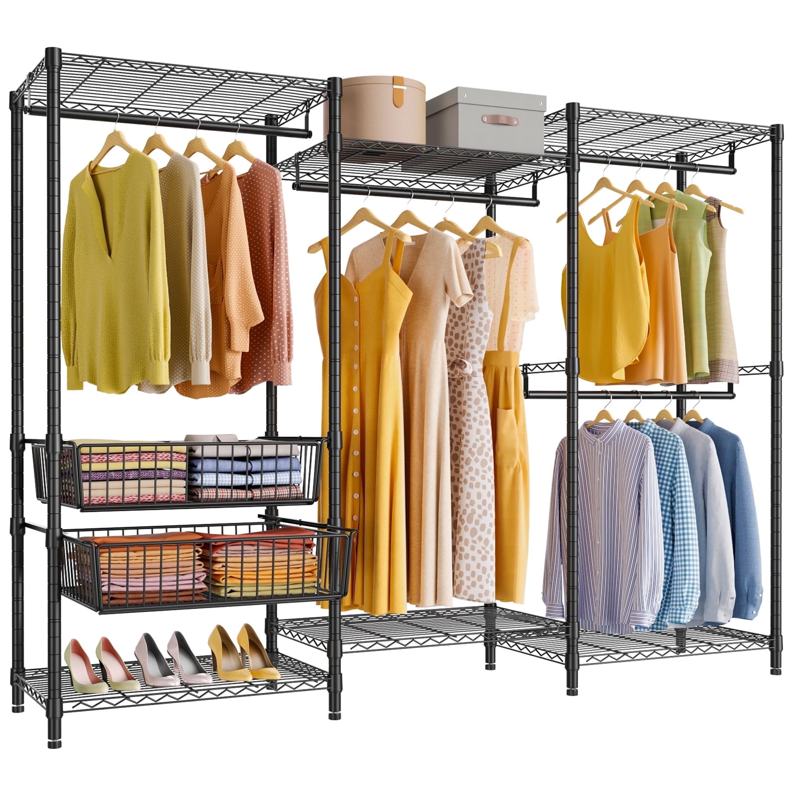 Black Heavy Duty Freestanding Metal Garment Rack with Wire Shelves
