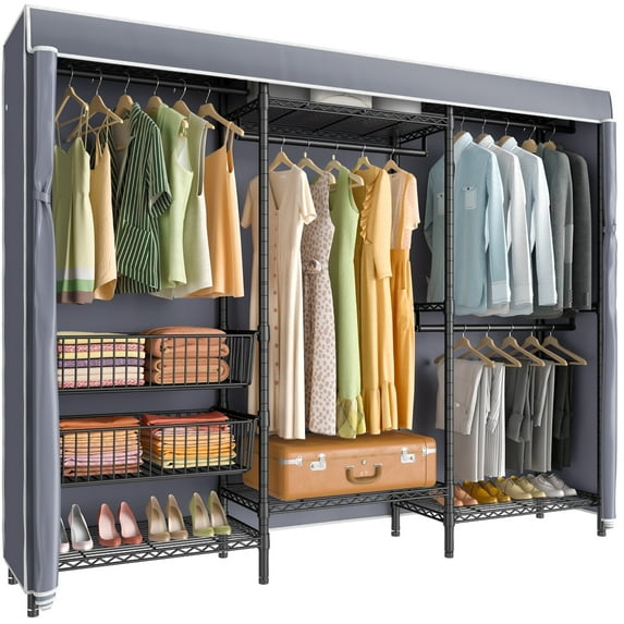 VIPEK V10C Plus Portable Closets Heavy Duty Clothes Rack Covered Wardrobe Closet, Black Clothing Rack with Grey Oxford Fabric Cover