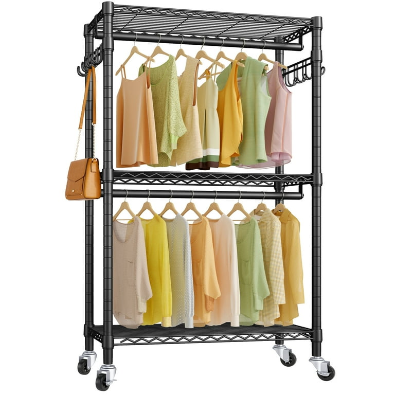 VIPEK V12 Medium Heavy Duty Rolling Garment Rack 3 Tiers Adjustable Clothes Rack Freestanding Wardrobe Closet Storage Rack Clothing Rack Black