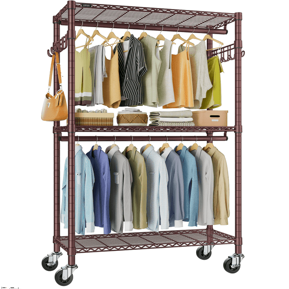 VIPEK R2 Plus Heavy Duty Rolling Garment Rack, 3-Tier Adjustable Wardrobe with Double Hanging Rods & Side Hooks, Freestanding Storage Rack,Bronze