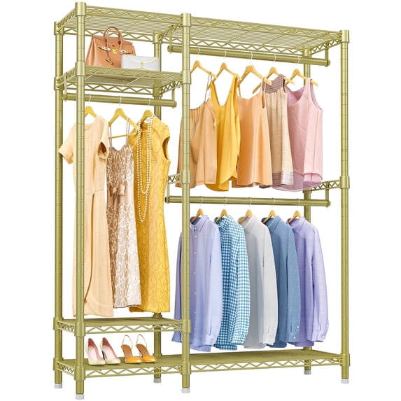VIPEK V2S Heavy Duty Clothes Rack 4 Tiers Wire Shelving Garment Racks with 3 Hanging Rods, Gold