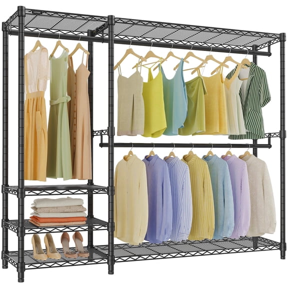 VIPEK V2S Plus Heavy Duty Clothes Rack, Portable Metal Clothing Racks with 4 Tiers Adjustable Wire Shelving & 3 Hanging Rods,Black