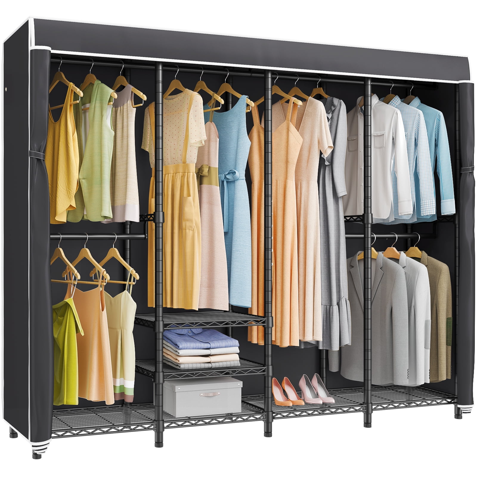 Black Iron Freestanding Closet with Adjustable Shelves and Cover